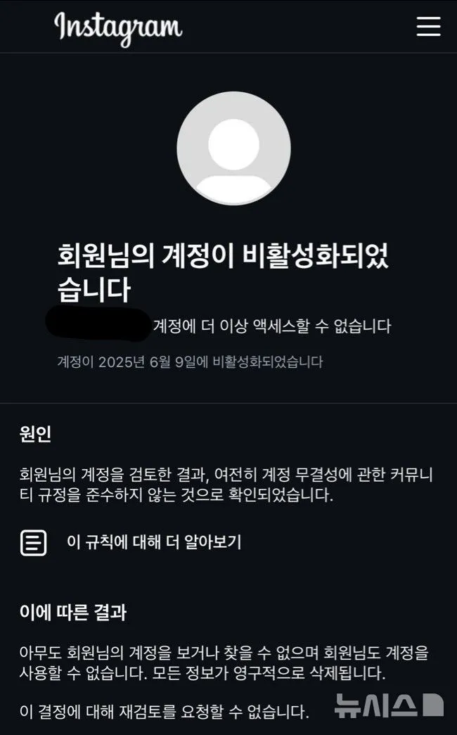 인스타그램 계정 대량정지 안내 화면 사례
