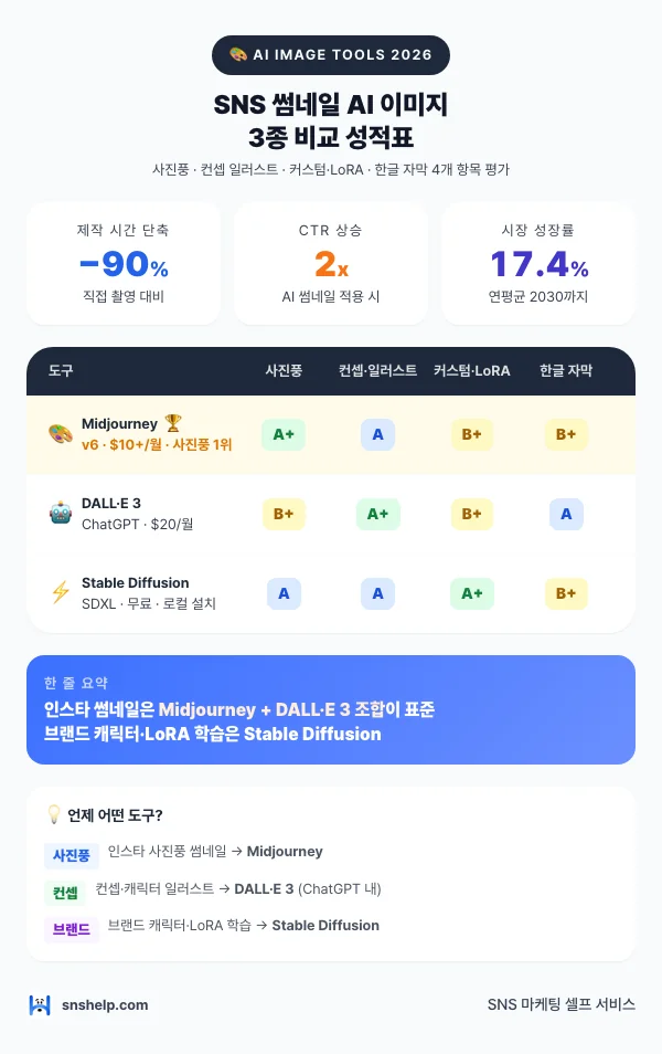 2026 AI 이미지 생성 3종 비교 인포그래픽: 제작 시간 −90%(직접 촬영 대비), CTR 2배 상승, 시장 연평균 17.4% 성장. Midjourney v6·DALL·E 3·Stable Diffusion XL 5점 매트릭스 — 사진풍·컨셉 일러스트·커스텀(LoRA)·한글 자막·월 비용 비교. 인스타 사진풍은 Midjourney, 컨셉은 DALL·E 3, 브랜드 일관성은 Stable Diffusion.