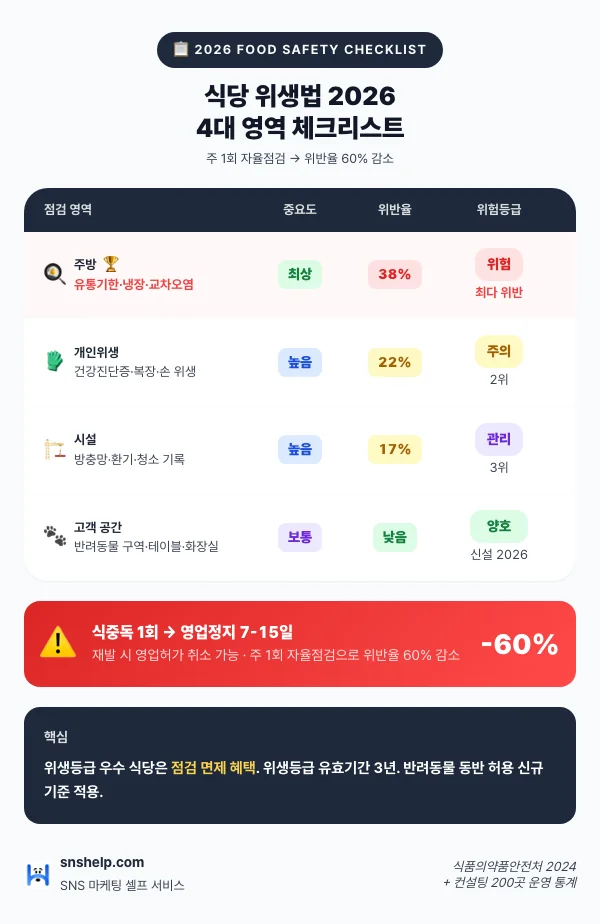 식품위생법 2026 식당 4대 영역 체크리스트 인포그래픽: 주방·시설·개인위생·고객 공간 + 빈발 위반 TOP 3(유통기한 38%·복장 22%·시설 17%) + 영업정지 7-15일