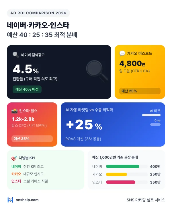 네이버·카카오·인스타 광고 2026 비교 인포그래픽: 네이버 전환율 4.5%·카카오 비즈보드 일 4,800만 도달 CTR 2%·인스타 릴스 CPC 1,200-2,800원 + 예산 1,000만원 40:25:35 분배
