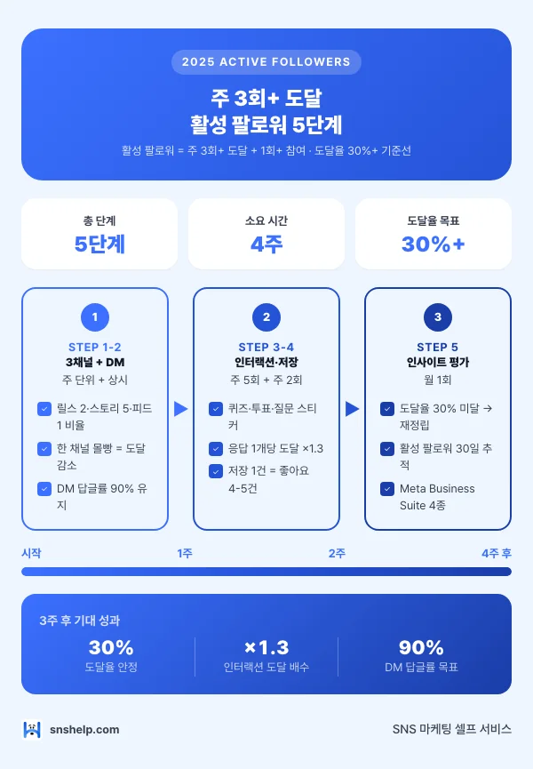2025 인스타그램 활성 팔로워 5단계 인포그래픽 (릴스·스토리·피드 균형·DM 답글·인터랙션 스티커)
