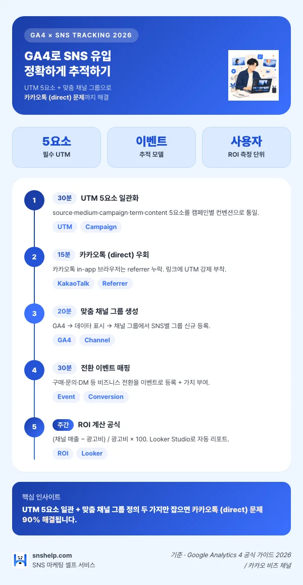 GA4 × SNS 추적 2026 — GA4로 SNS 유입 정확하게 추적하기 인포그래픽 (snshelp)