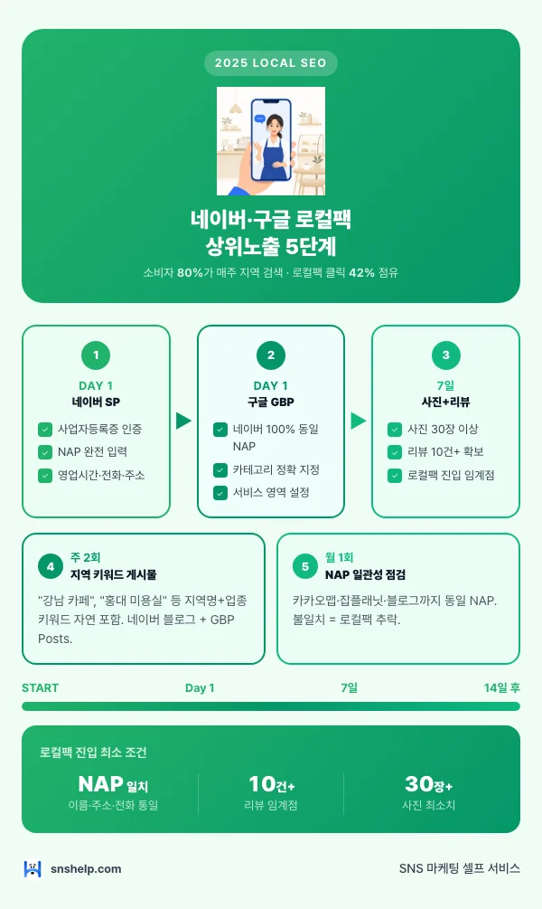 2025 네이버·구글 로컬 SEO 상위노출 5단계 인포그래픽 (스마트플레이스·GBP·NAP·리뷰·사진)