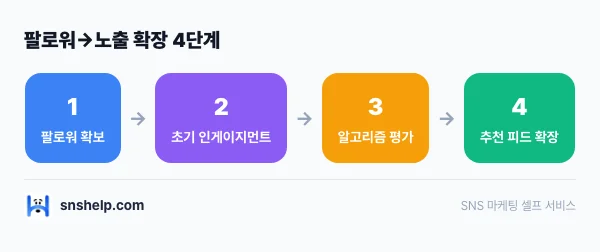 팔로워 증가에 따른 노출-도달 관계 흐름도: 팔로워 확보 → 초기 인게이지먼트 → 알고리즘 평가 → 추천 피드 확장