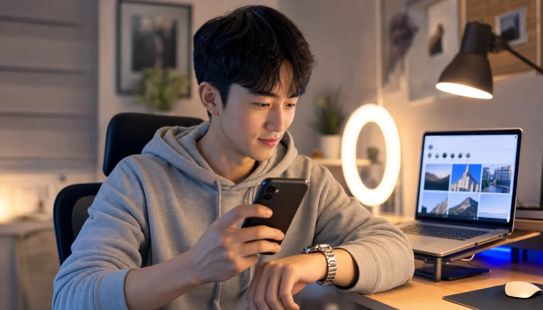 홈오피스 책상에서 카메라·마이크·모니터를 사용해 릴스 녹화 셋업을 점검하는 콘텐츠 전략가 사진 일러스트