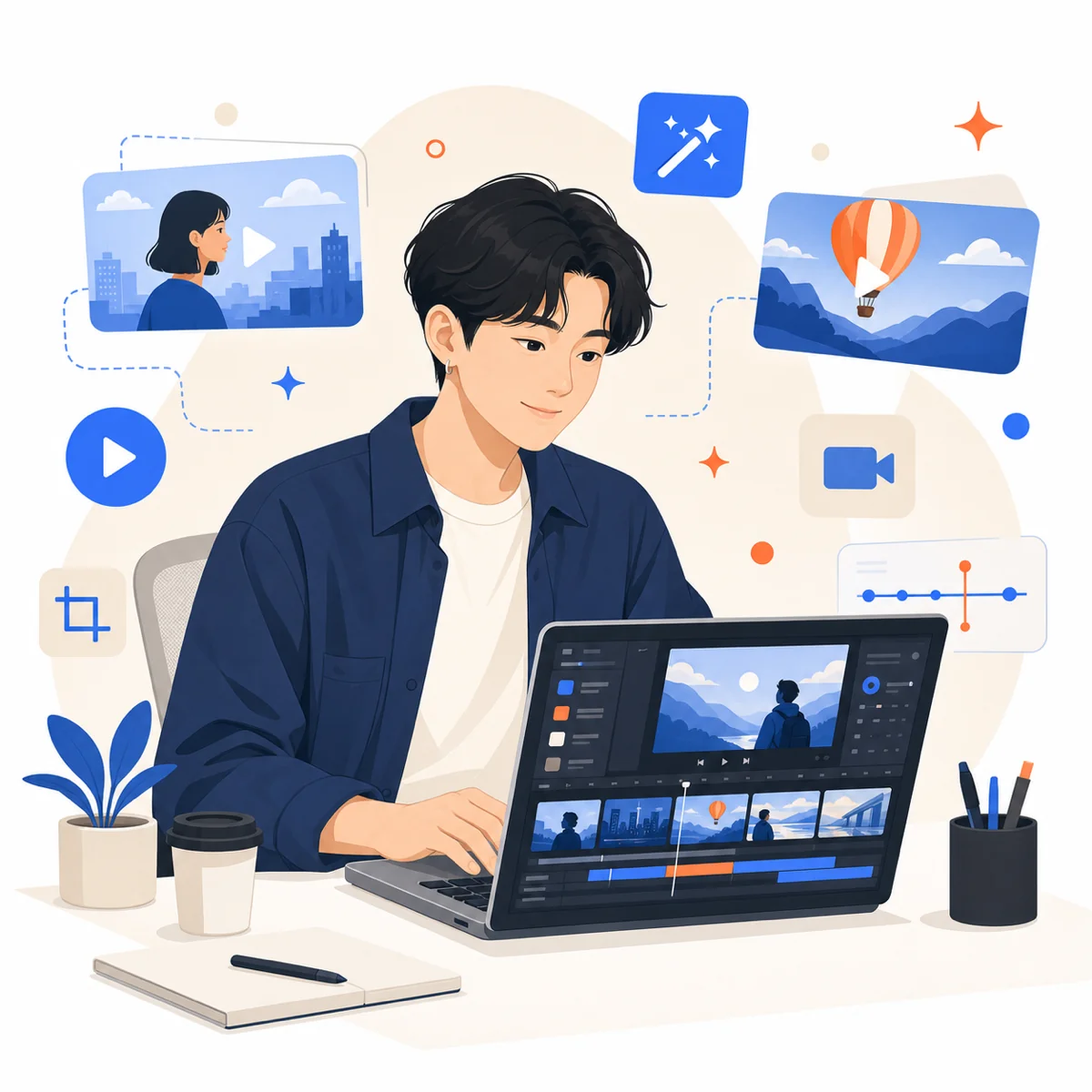 노트북으로 인스타 인사이트 데이터를 분석하는 한국인 1인 마케터 일러스트