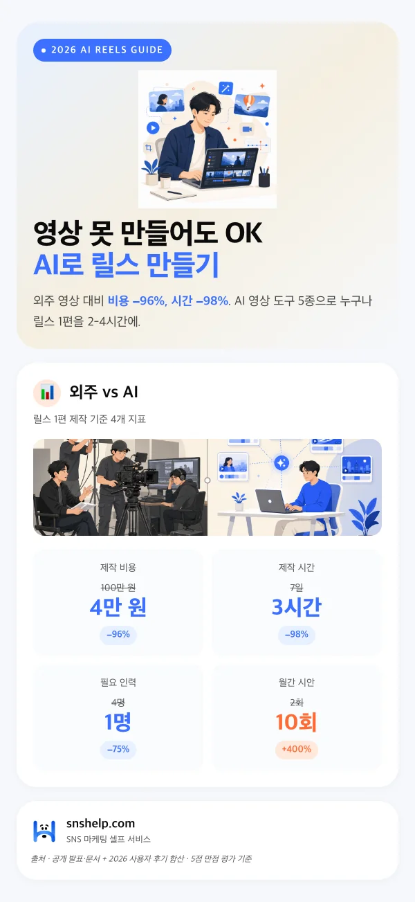AI 영상 도구로 릴스 만들기 개요 인포그래픽: 외주 영상 vs AI 도구 4지표 비교(비용 100만→4만 원, 시간 7일→3시간, 인력 4명→1명, 월간 시안 실험 2→10회)