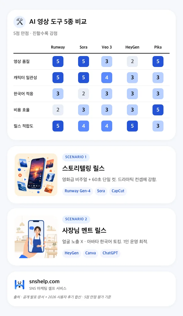 AI 영상 도구 5종 매트릭스 인포그래픽: Runway·Sora·Veo·HeyGen·Pika 5지표 점수 비교 + 스토리텔링 릴스와 사장님 멘트 릴스 2가지 추천 조합
