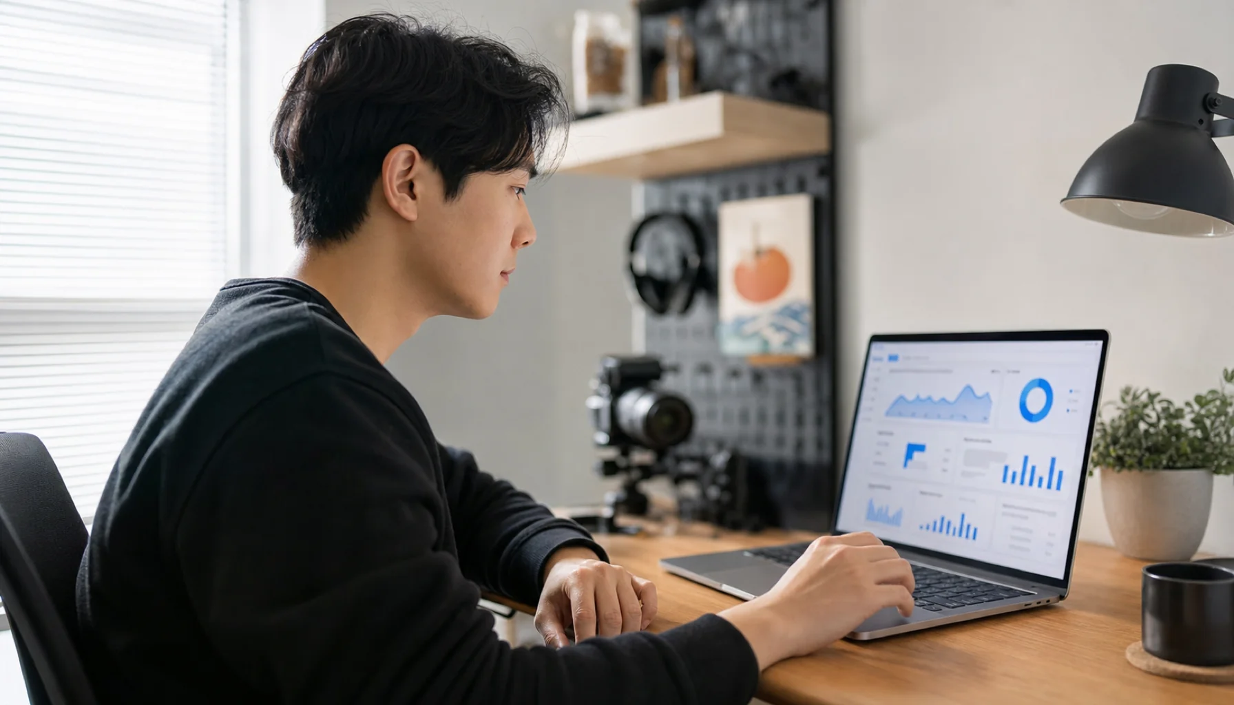 유튜브 스튜디오 애널리틱스 화면을 분석하는 채널 운영자 — CTR·시청 완료율 지표 점검 루틴