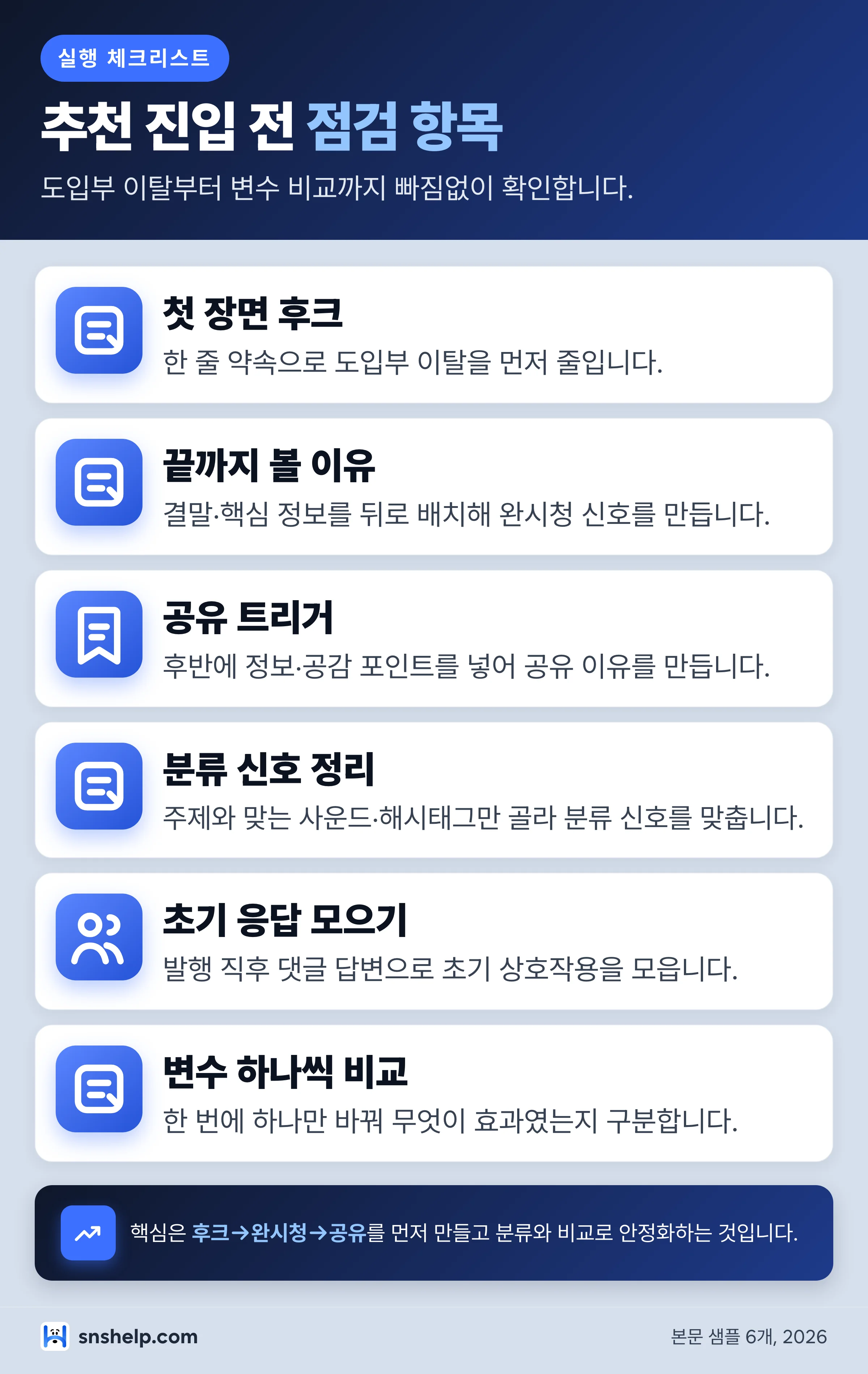 틱톡 추천 진입을 위한 첫 장면 후크, 완시청, 공유, 분류 신호, 초기 응답, 변수 비교 실행 체크리스트
