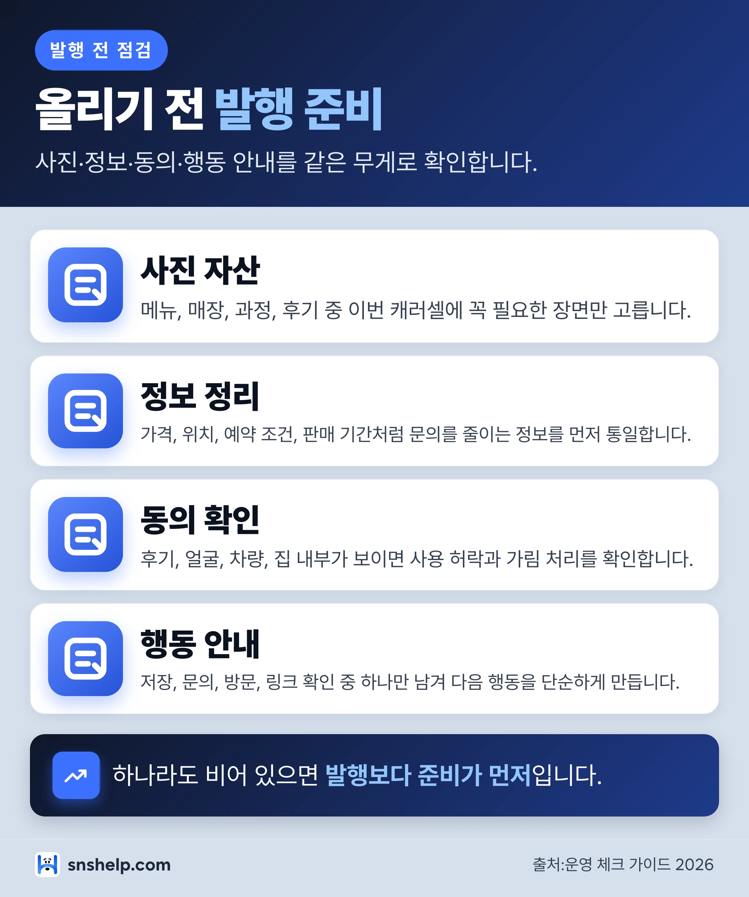 인스타 캐러셀 발행 전 사진 자산 정보 동의 행동 안내 준비 카드