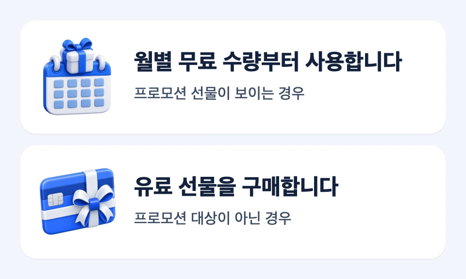 프로모션 표시 여부에 따라 무료 수량 사용과 유료 선물 구매를 고르는 두 카드