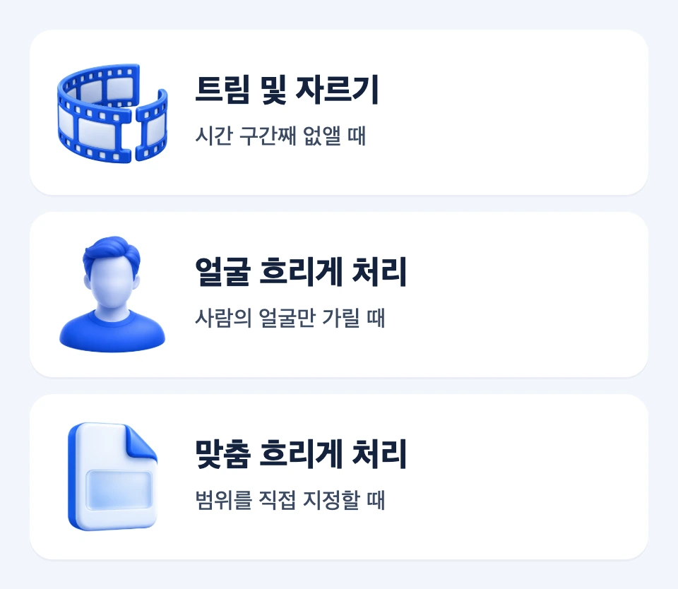 시간 구간은 트림 및 자르기, 사람 얼굴은 얼굴 흐리게 처리, 직접 지정할 정보는 맞춤 흐리게 처리로 연결한 선택 지도