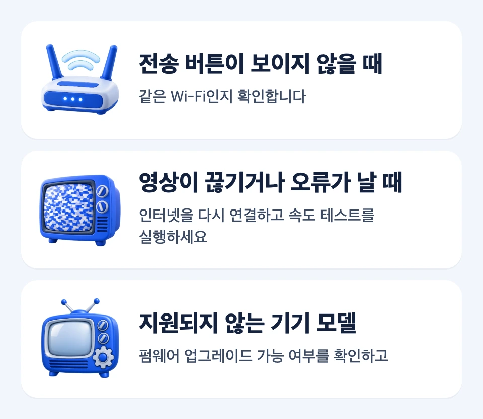 TV나 전송 버튼 미표시, 연결 후 재생 오류, YouTube 지원 종료를 나눈 복구 분기 카드