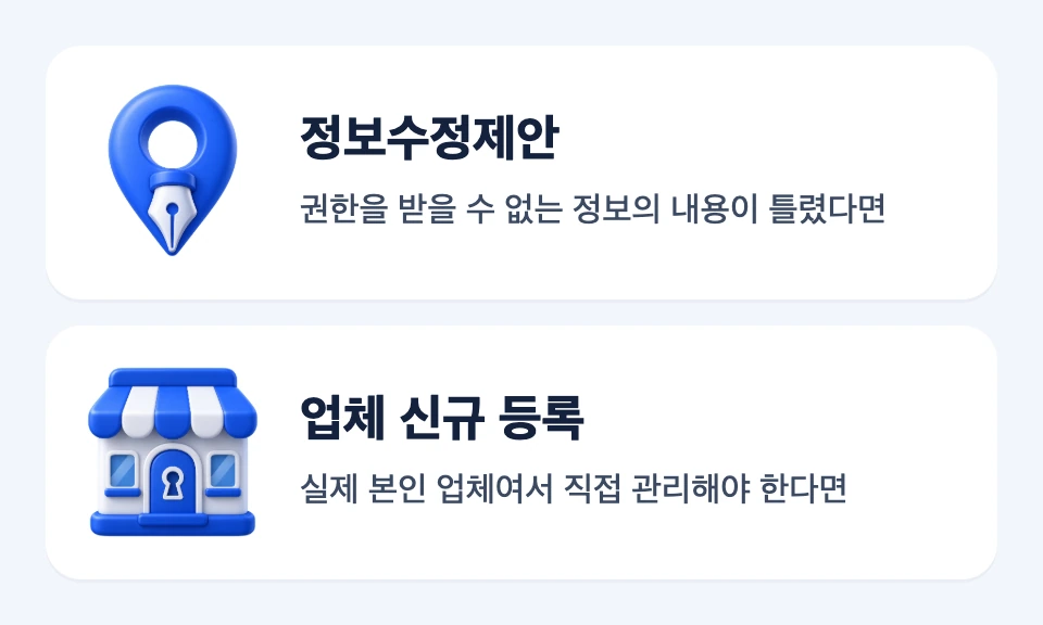 주인변경 제한 문구가 표시될 때 정보수정제안과 업체 신규 등록으로 나뉘는 대응 지도