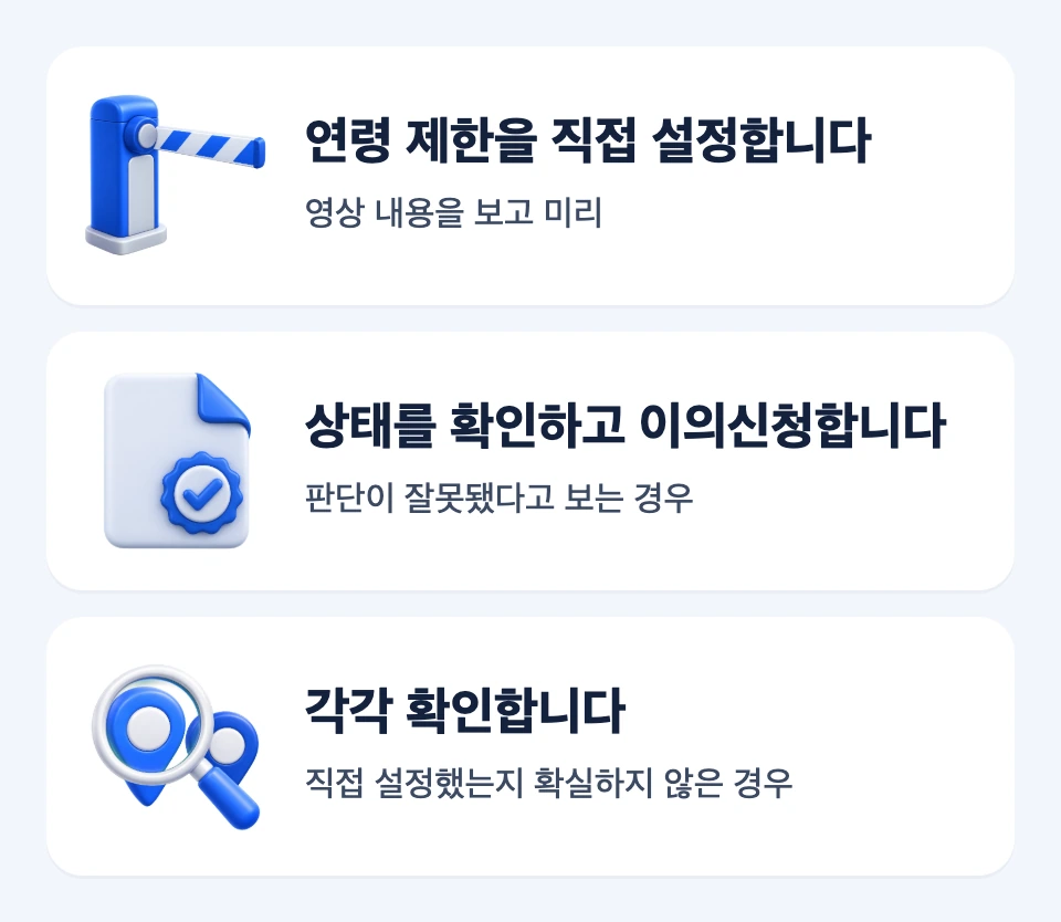 직접 설정, YouTube 적용 제한 이의신청, 적용 주체 확인의 세 선택지를 보여 주는 카드 도식