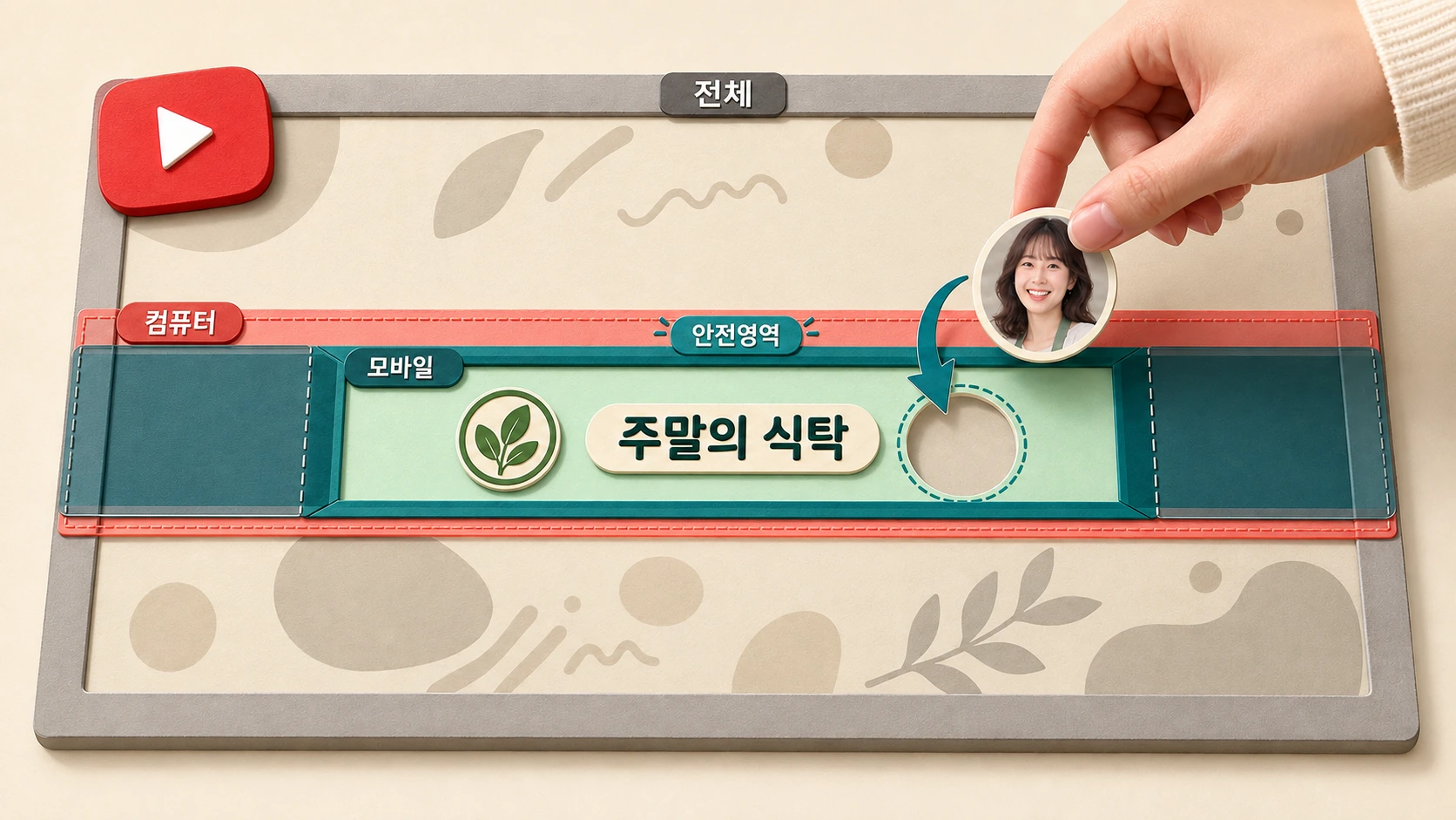 유튜브 재생 표식이 붙은 넓은 배너 판에서 컴퓨터와 모바일 프레임의 중앙 안전영역 안으로 인물 토큰을 옮기는 손과 로고, 채널명