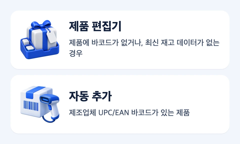 바코드와 최신 재고 데이터가 부족한 매장의 제품 편집기와 제조업체 바코드 및 호환 POS를 갖춘 매장의 자동 추가 조건 비교