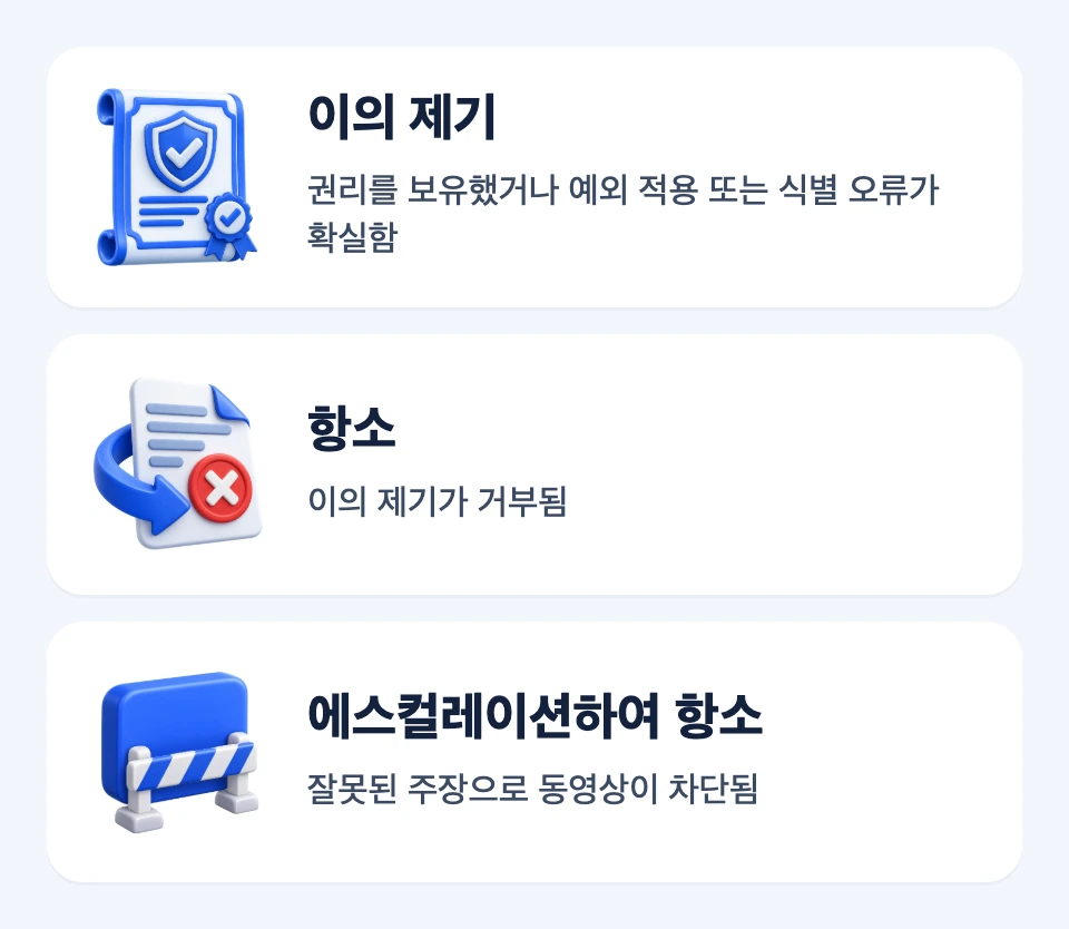 권리 확신, 이의 제기 거부, 동영상 차단 조건에 따라 이의 제기와 두 항소 경로를 구분한 분기 카드
