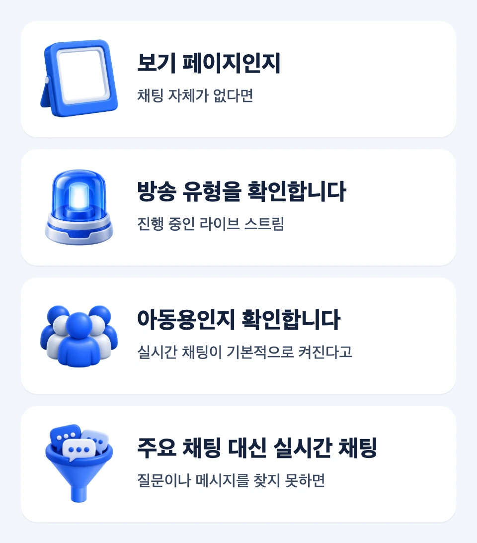채팅 메뉴가 보이지 않을 때 보기 페이지, 방송 유형, 시청자층, 채팅 보기를 확인하는 네 카드