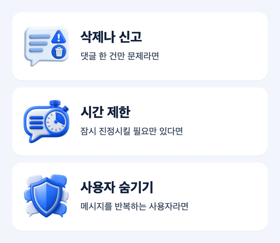 댓글 한 건에는 삭제나 신고, 일시적인 채팅 방해에는 시간 제한, 반복 사용자에는 사용자 숨기기를 연결한 세 카드