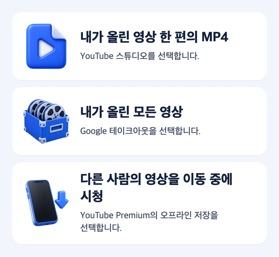 내 영상 한 편, 채널 전체, 다른 사람 영상 시청 목적에 맞는 세 가지 공식 저장 경로