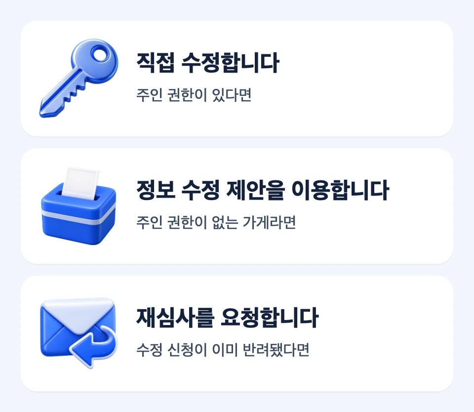주인 권한이 있으면 직접 수정, 없으면 정보 수정 제안, 기존 신청이 반려됐으면 재심사를 선택하는 세 갈래 카드