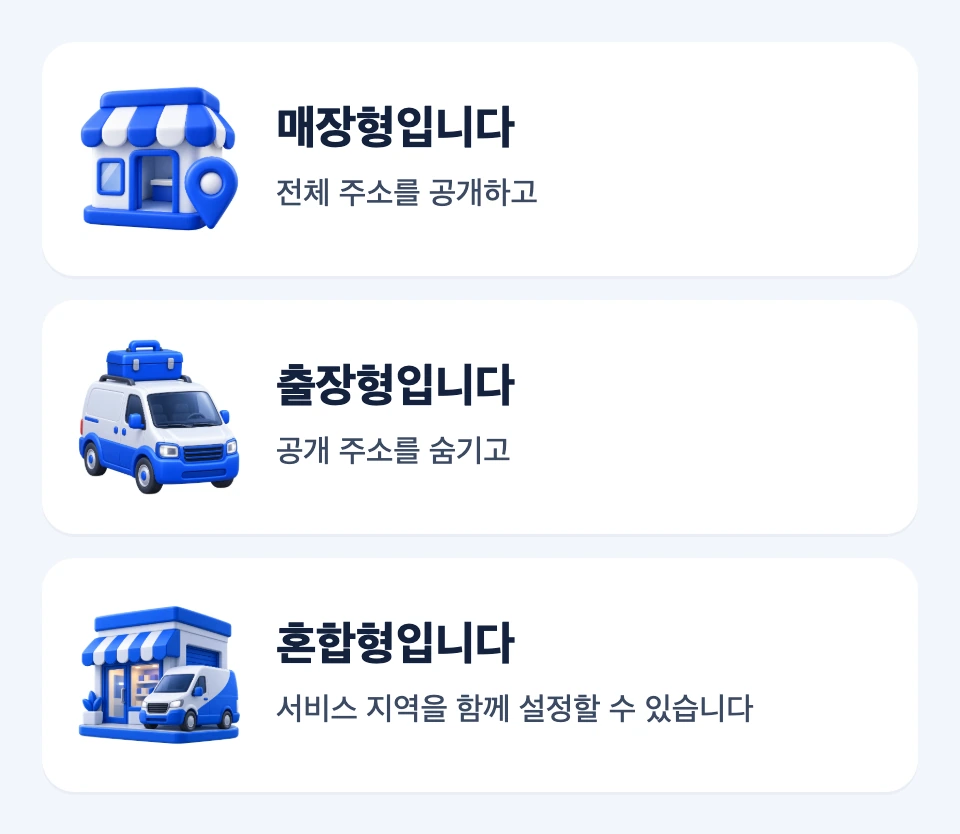 매장형은 주소 공개, 출장형은 주소 숨김과 서비스 지역, 혼합형은 주소와 서비스 지역을 함께 사용하는 선택 비교