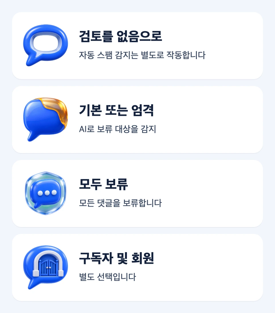 댓글 검토 강도와 구독자 및 회원 작성 제한이 서로 다른 설정임을 보여주는 선택 지도