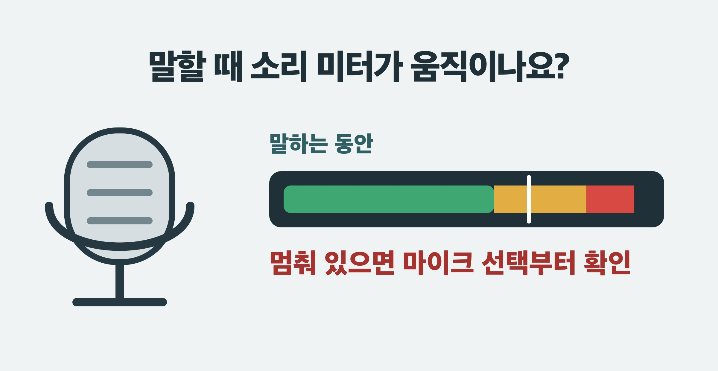 마이크에 말할 때 OBS 소리 미터가 움직이고, 멈춰 있으면 마이크 장치 선택을 확인해야 한다는 설명 그림