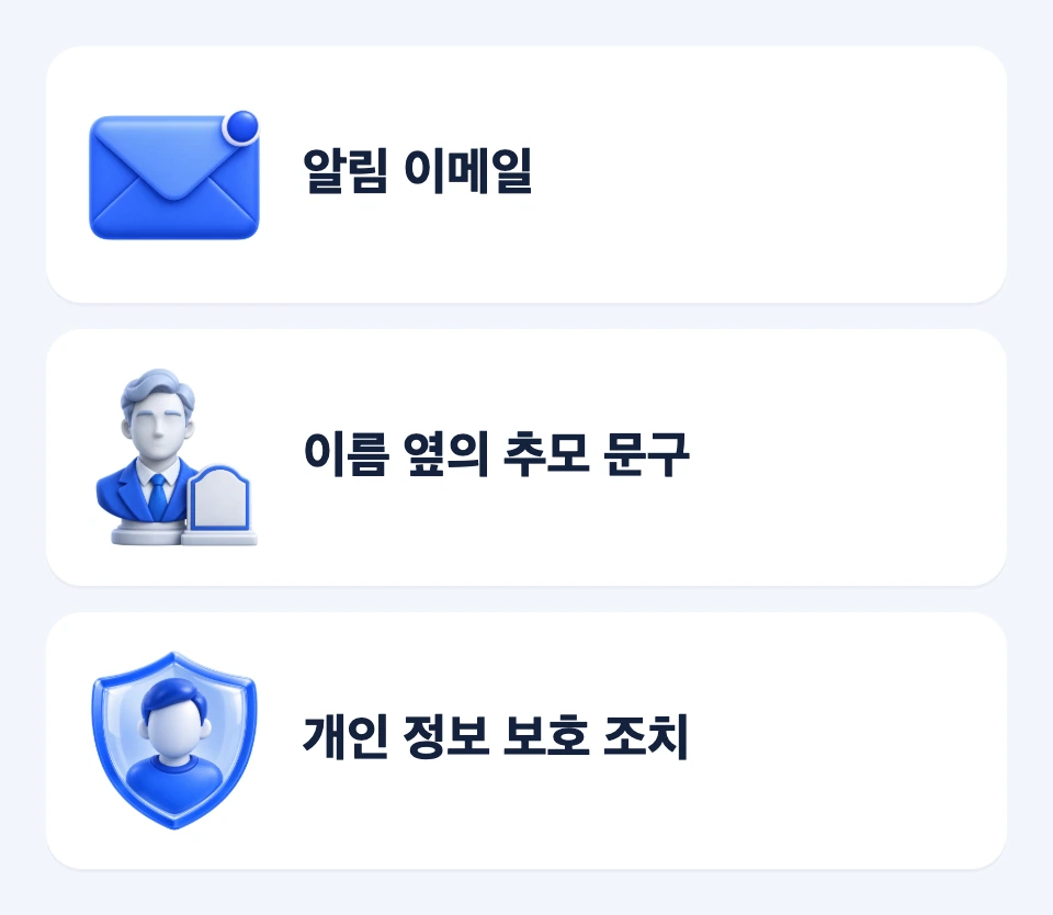 Google 알림 이메일, Facebook 추모 문구, Instagram 보호 조치를 비교한 결과 확인 카드